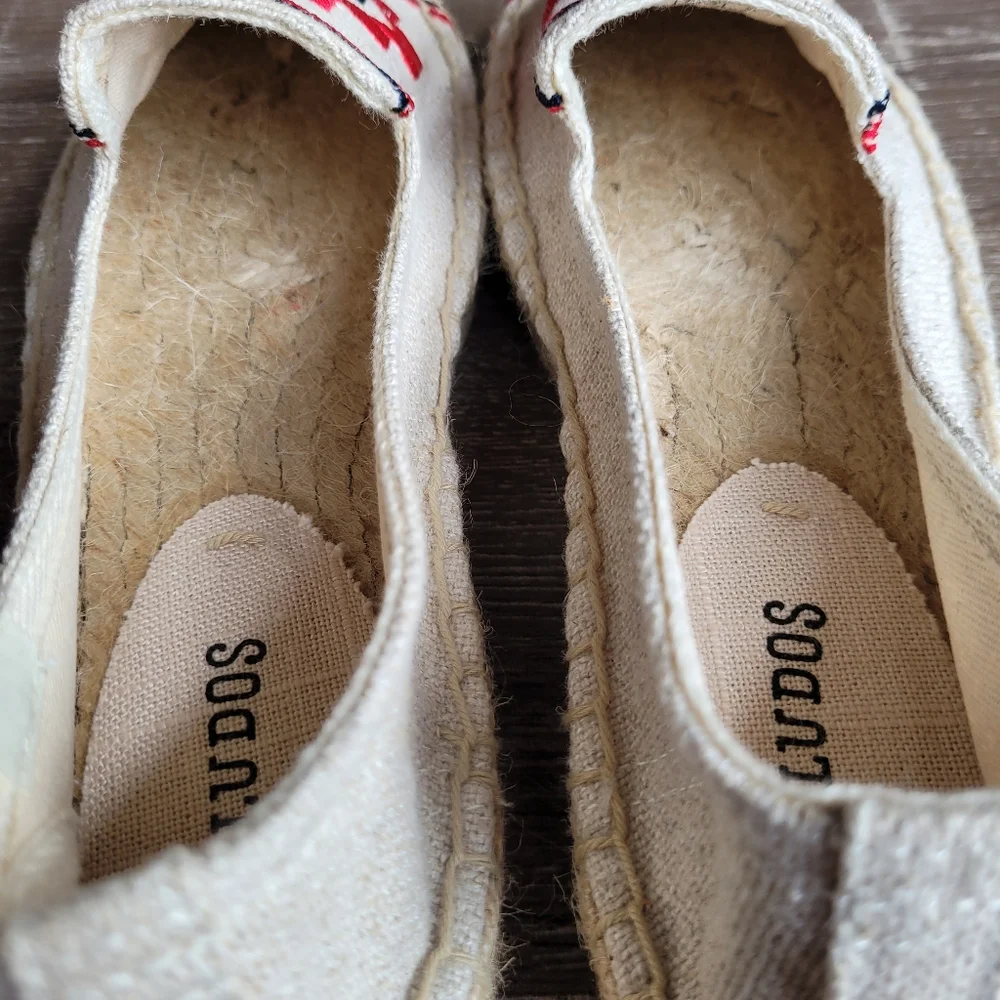 Soludos Cream Espadrilles with Red and Navy Geometric Embroidery